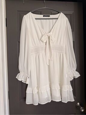 White Peasant Tie-Front Ruffle Mini Dress